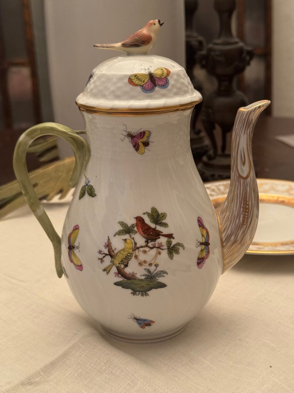 Vintage Herend Hungary Rothschild Bird Porcelain Coffee Pot 1672 RO 9"